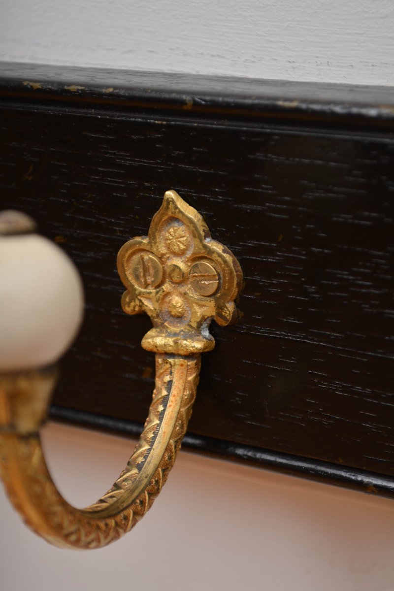 Pair Of Antique Victorian Ebonised Brass And Ceramic Coat Rack Coat Hooks - Image 24